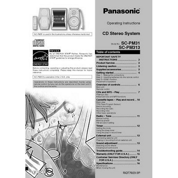 Panasonic SA-PM31 SA-PM313 CD Stereo System Owners Instruction Manual REPRINT