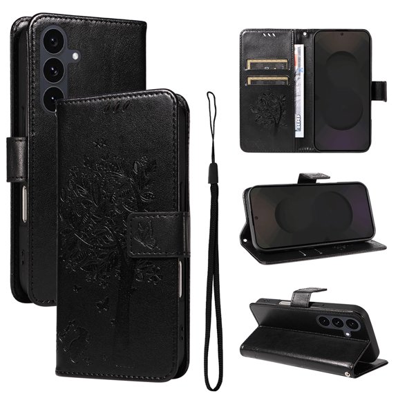 Compatible with Samsung Galaxy S25 Plus Case Wallet Case with Kickstand Credit Card Holder Slots Cute Cat Butterfly & Tree Embossed Premium PU Leather Protective Phone Case with Wrist Strap,Black