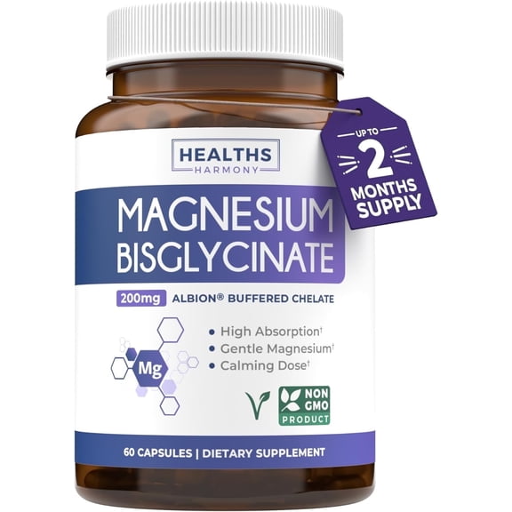Healths Harmony Gentle & High Absorption Magnesium Bisglycinate Supplement, 200 mg, 60 Capsules