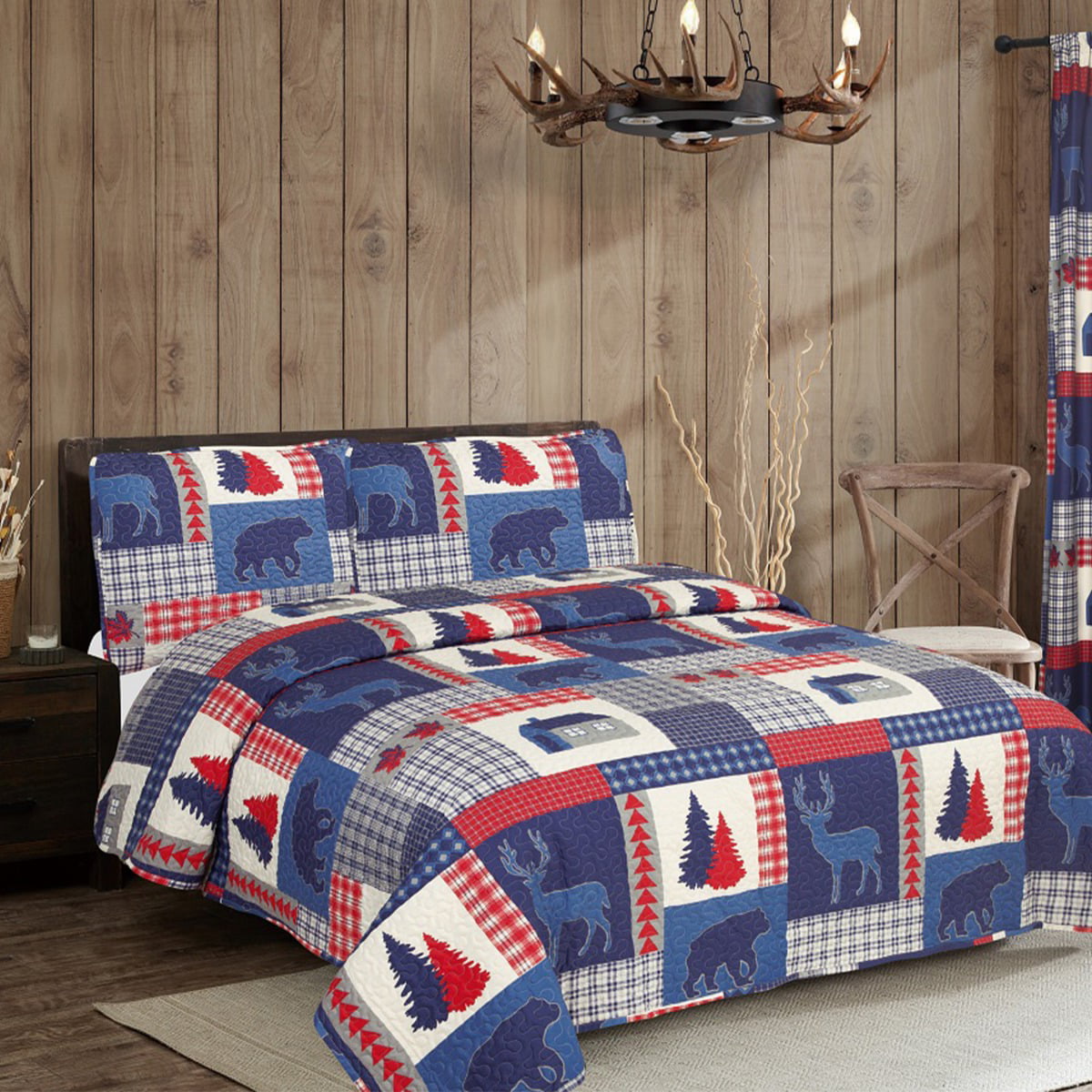 PRIMITIVE COUNTRY CABIN LODGE CAROLINA BLUE STAR Full Queen QUILT SET 