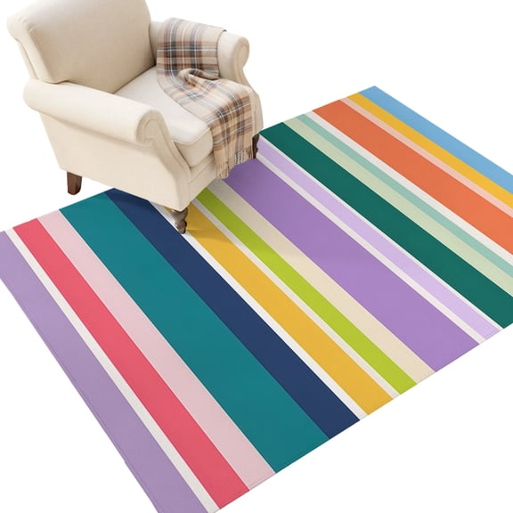 Vertical Stripe Washable Area Rug 4 x 6 ft Modern Minimalist Purple Green Parallel Lines Soft Non‑Slip Rugs Stain Repellent Indoor Mats for Living‑Room, Guest Bedroom, Casual Dining Room