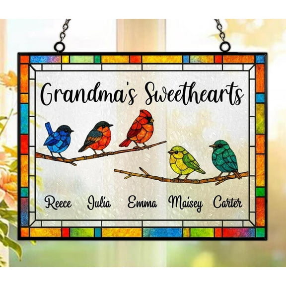 X¢a   Personalized Grandma's Sweethearts Rectangle Faux Stained Glass Suncatcher, Grandma With Grandkids Glass Hanging, Mother's Day Gift