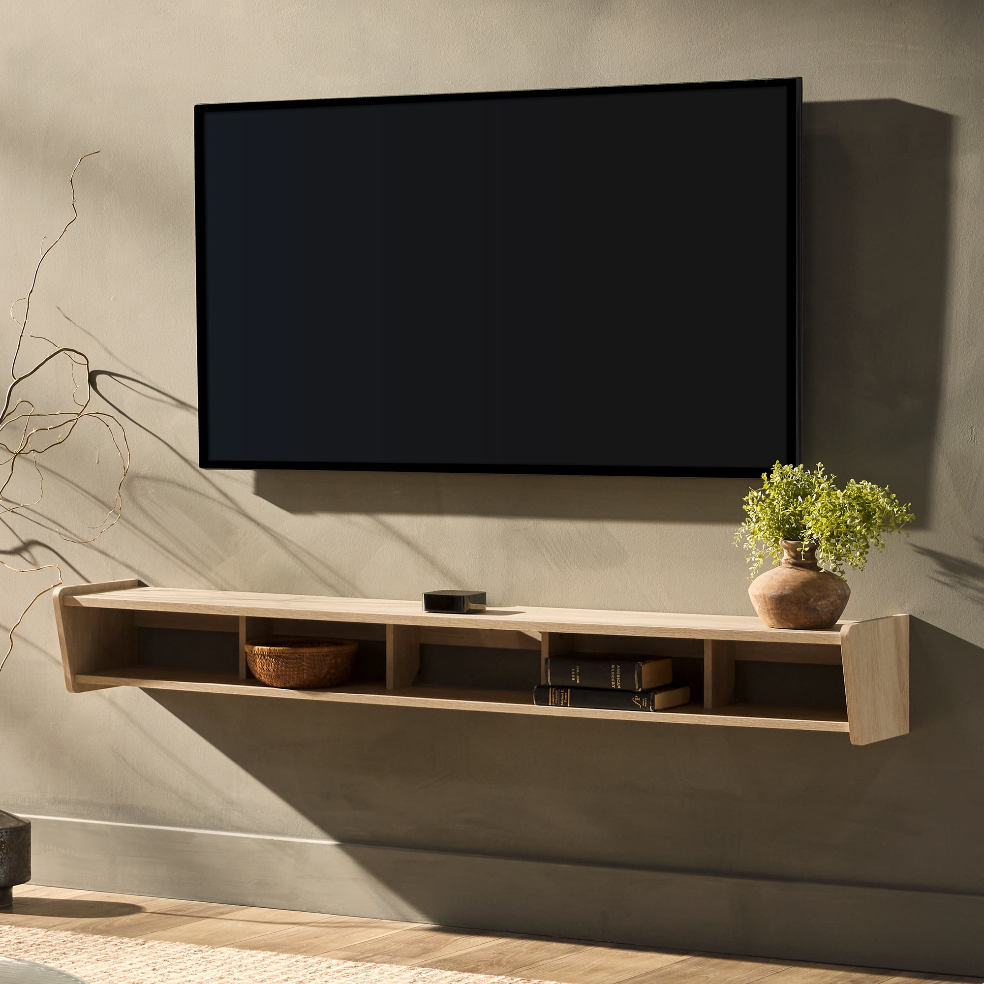 Walker Edison Minimalist Floating TV Stand for TVs up to 70", Coastal Oak