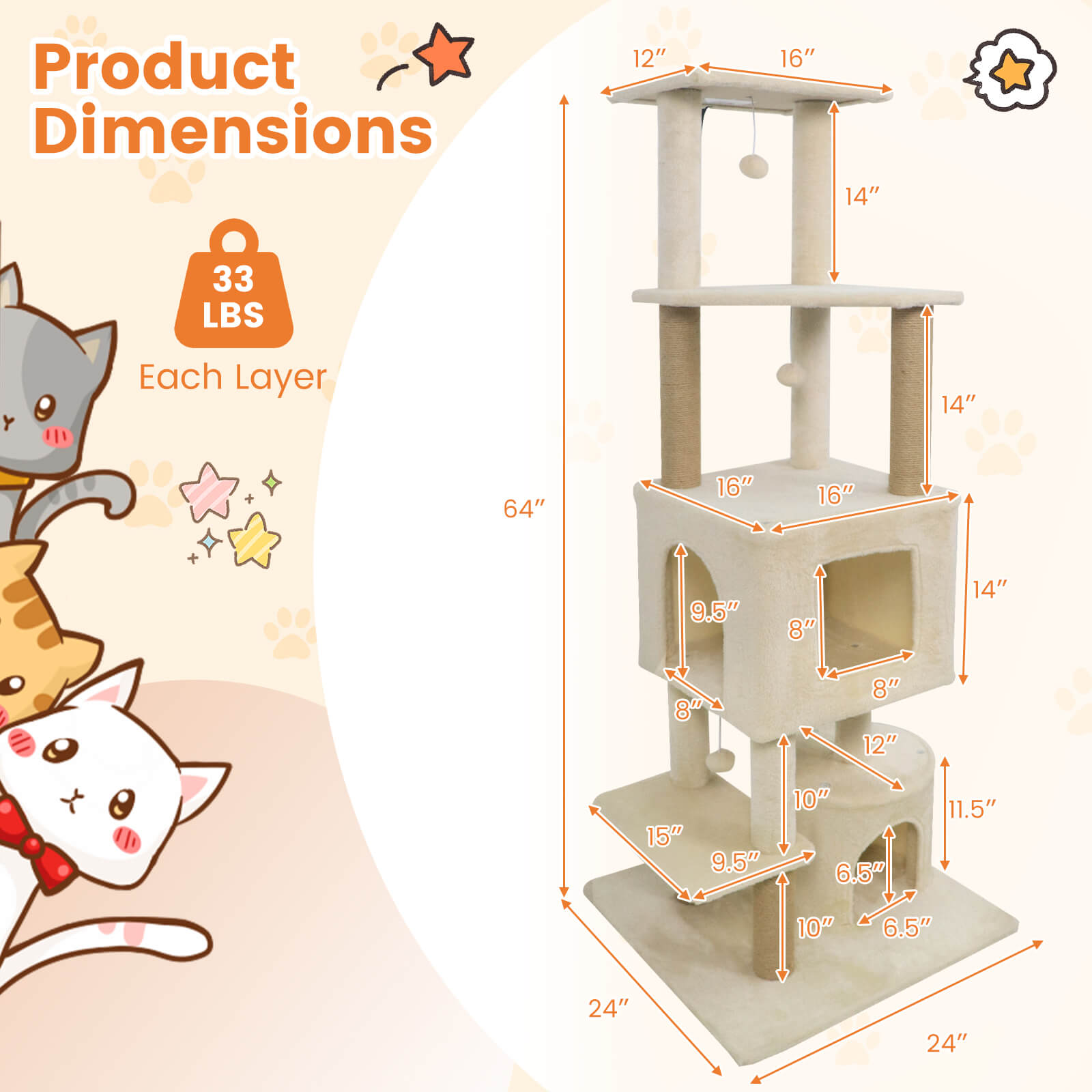 Costway 64” Tall Cat Tree with 2 Large Condos, Jute Scratching Posts, Plush Top Perch Beige
