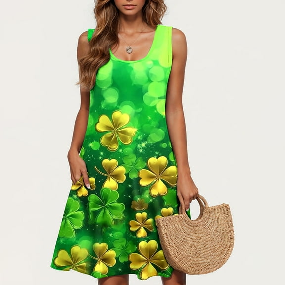 Kmdttou Women Summer Casual Short Sleeve Dresses St. Patrick's Day Casual Plus-size Sleeveless Crew Neck Short Dress with Pockets (Size:S-2XL)
