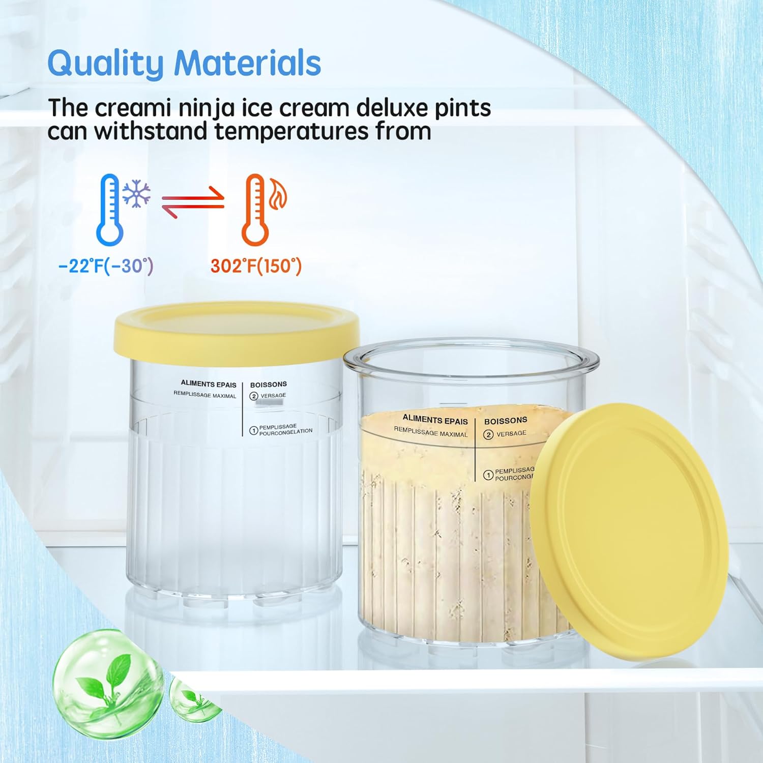 4 Pack Creami Deluxe Pints & Lids for Ninja, 24 Oz Compatible with NC500 NC501 Series Ice Cream Makers, with 5 Spoons & 64 Writable Labels, BPA-Free & Dishwasher Safe, Yellow