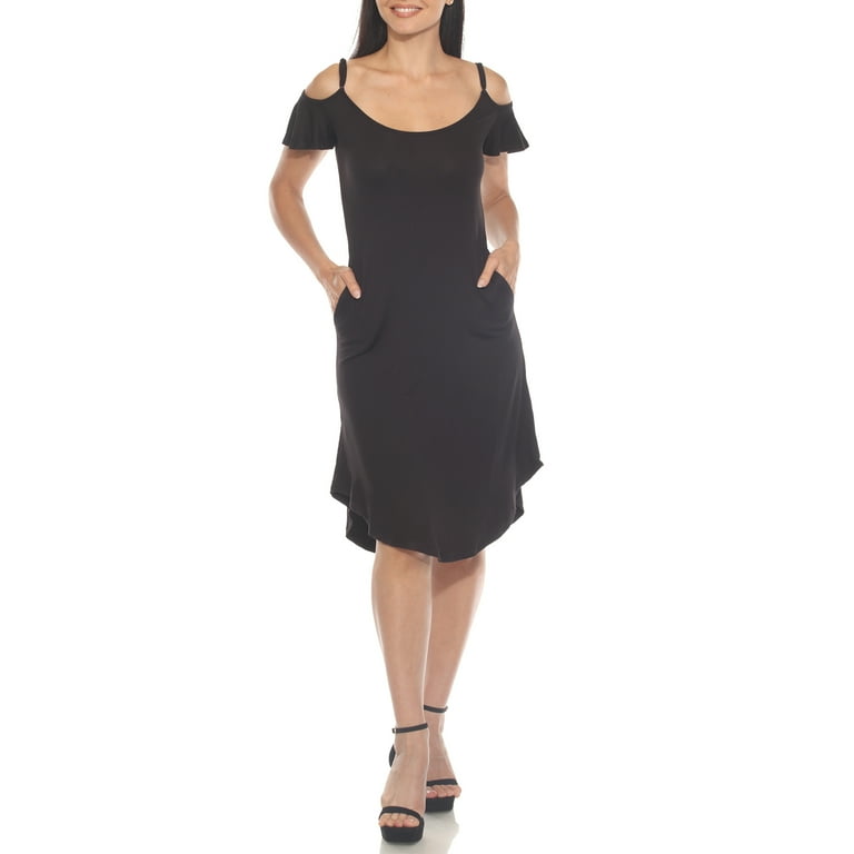 White Mark Women's Casual Scoop Neck Flutter Sleeve Knee Length Dress, Black, Medium