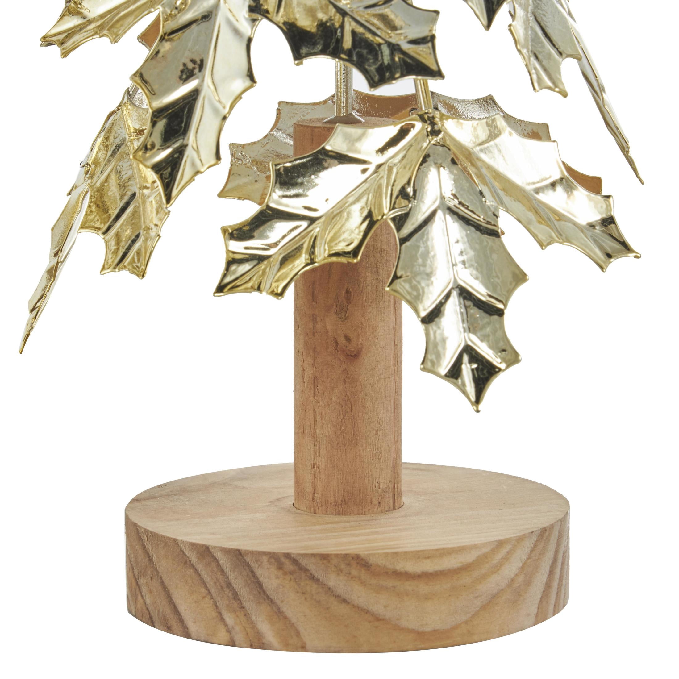 22", 18", 14"H Gold Metal Holiday Holly Leaf Tree Christmas Sculpture with Wooden Base and Star Topper, by DecMode (3 Count)