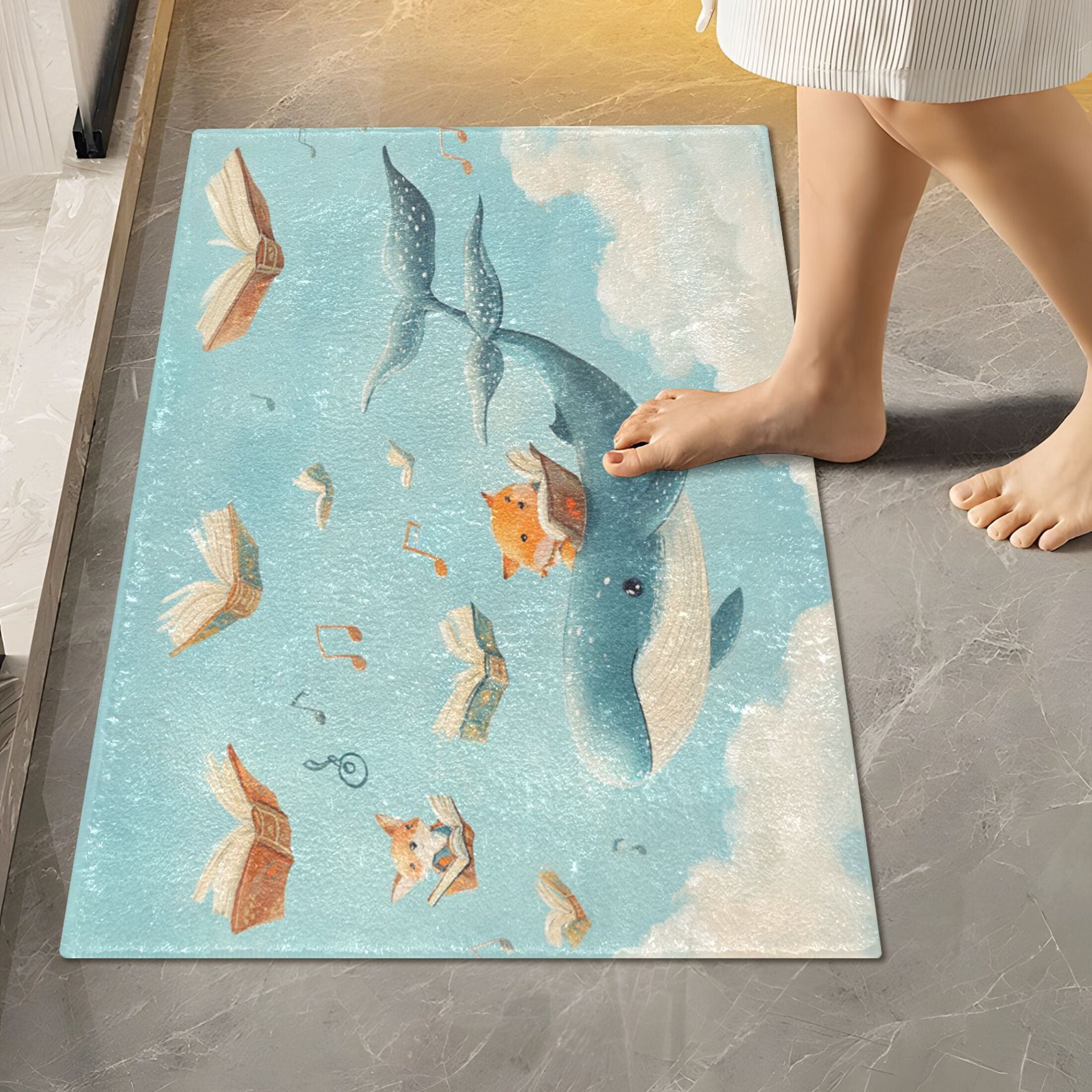 2 Piece Soft Bathroom Rug Set Fox and Whale Carrying Books Bath Mat and U-Shaped Toilet Contour Rug (16"x24"+20"x24")