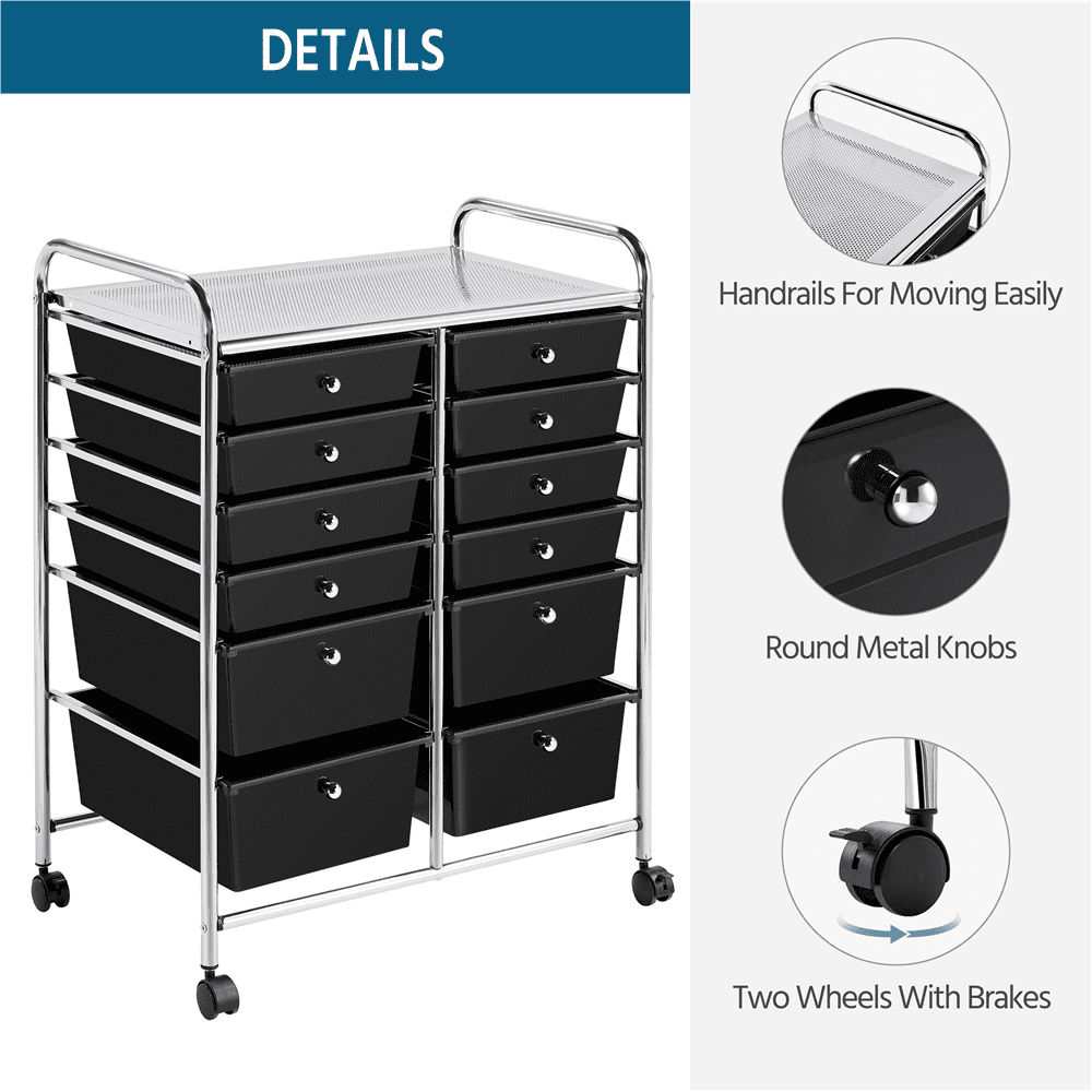 Alden Design 12 Drawer Rolling Storage Cart Organizer with Lockable Wheels, Black