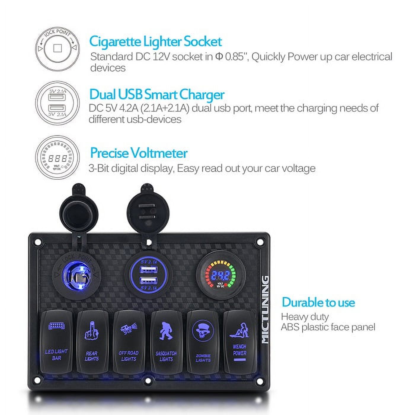 MICTUNING 6 Gang ON/OFF Rocker Switch Panel + Dual USB + Digital Voltmeter + Cigarette Lighter Socket Blue LED for Car Truck Marine Boat