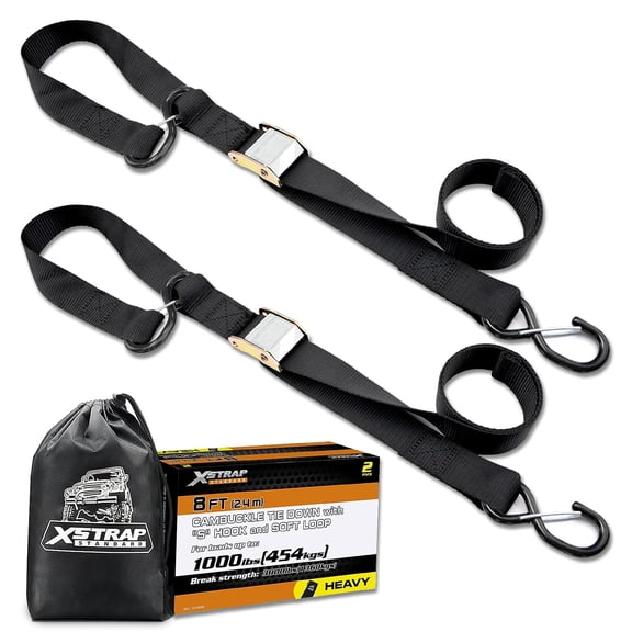 XSTRAP STANDARD Motorcycle Tie Down Straps, 2 Pack, 3000lb Break Strength, 1.5" x 8FT Heavy-Duty Cambuckle with S Hooks and Soft Loops, Black