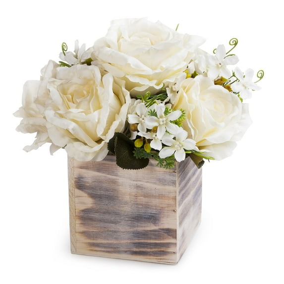 Enova Home Artificial Flowers Mixed Silk Roses Fake Flowers Arrangement in Natural Wood Planter for Home Office Wedding Decoration (Cream)
