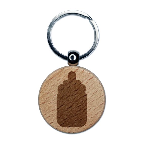 Baby Bottle Solid Round Keychain Charm Tag - Engraved Wood