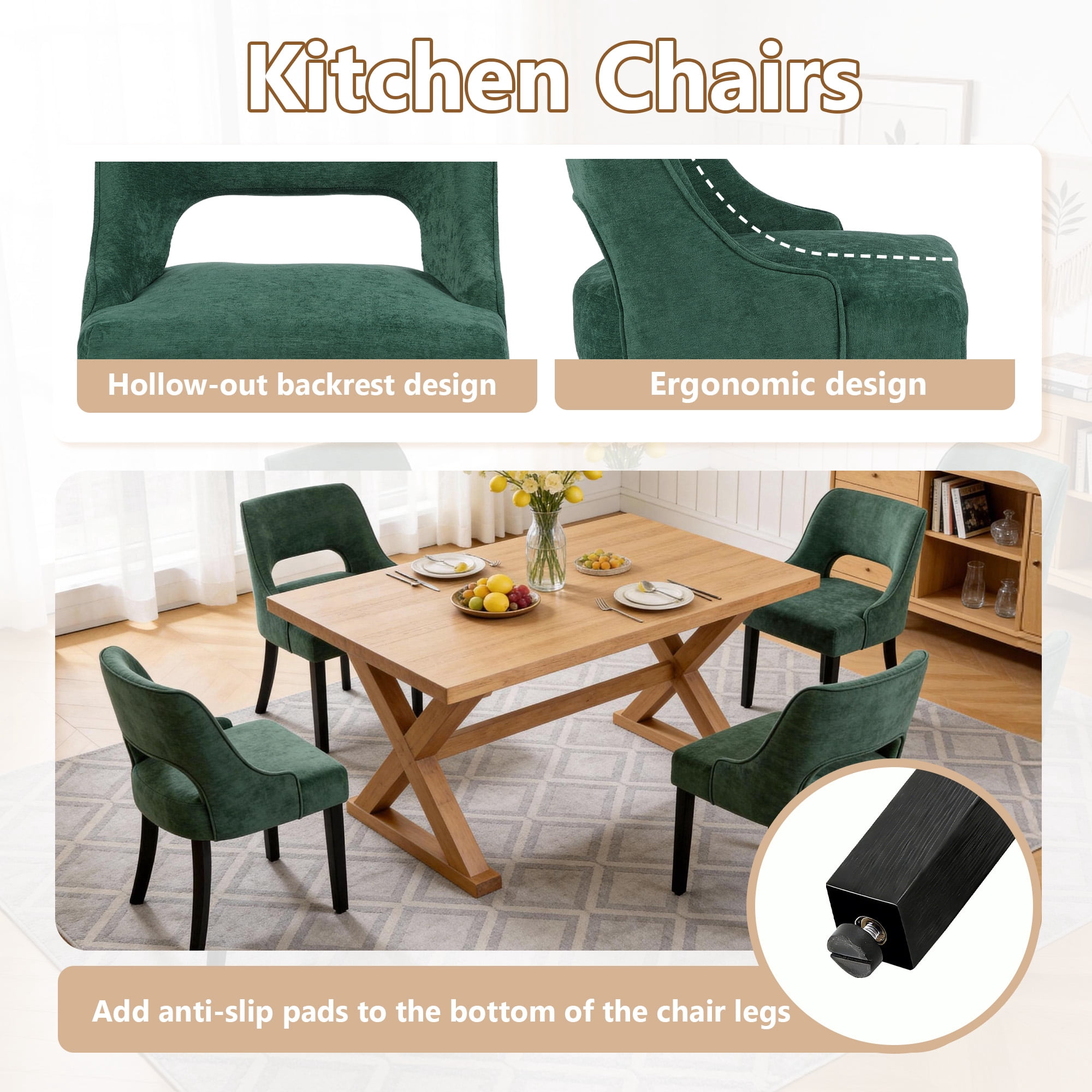 ClinQ Dining Chair,Morden Wood Leg Upholstered Kitchen Chair Set of 4, Darkgreen-Black Leg
