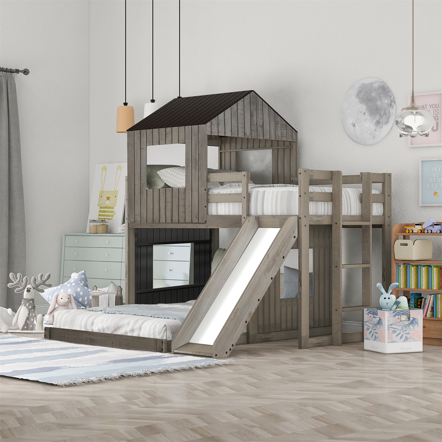 Twin Over Full Playhouse Bunk Bed with Slide, Antique Grey, Wood Loft Frame with Full-Length Guardrails & Side Ladder - Walmart.com Twin Over Full Playhouse Bunk Bed with Slide, Antique Grey, Wood Loft Frame with Full-Length Guardrails & Side Ladder - Walmart.com