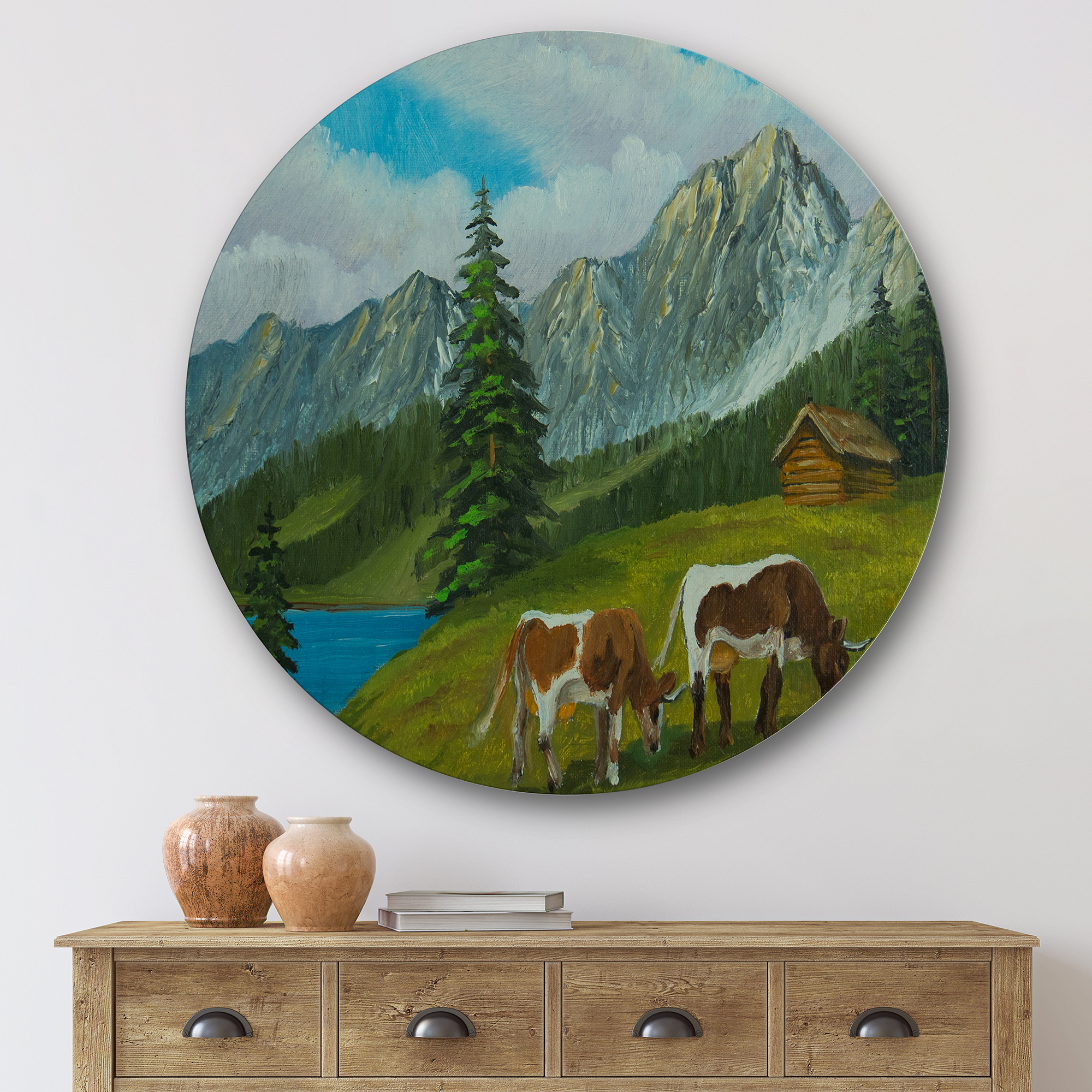 Designart 'Cows On A Green Meadow With Mountain Landscape With ' Farmhouse Circle Metal Wall Art 29x29 - Disc of 29