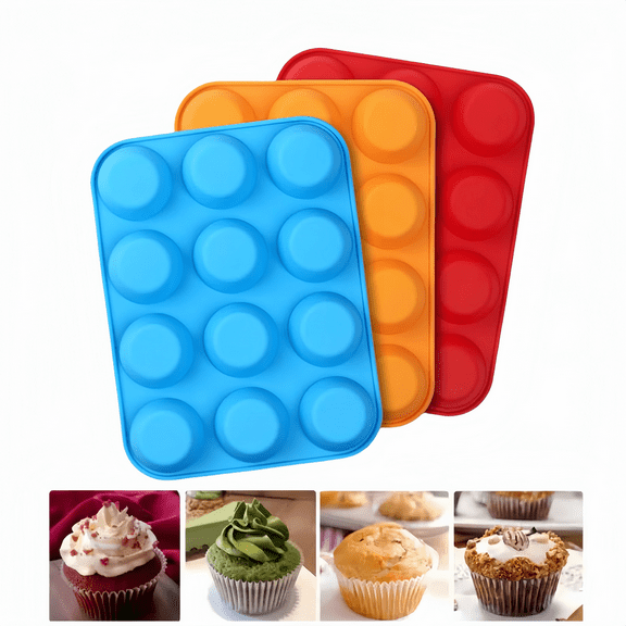 12-Cup Silicone Muffin Pan - Food Grade, Non-Stick Baking Cups for Cupcakes & Eggs, Red/Orange/Blue, 3-Pack Set