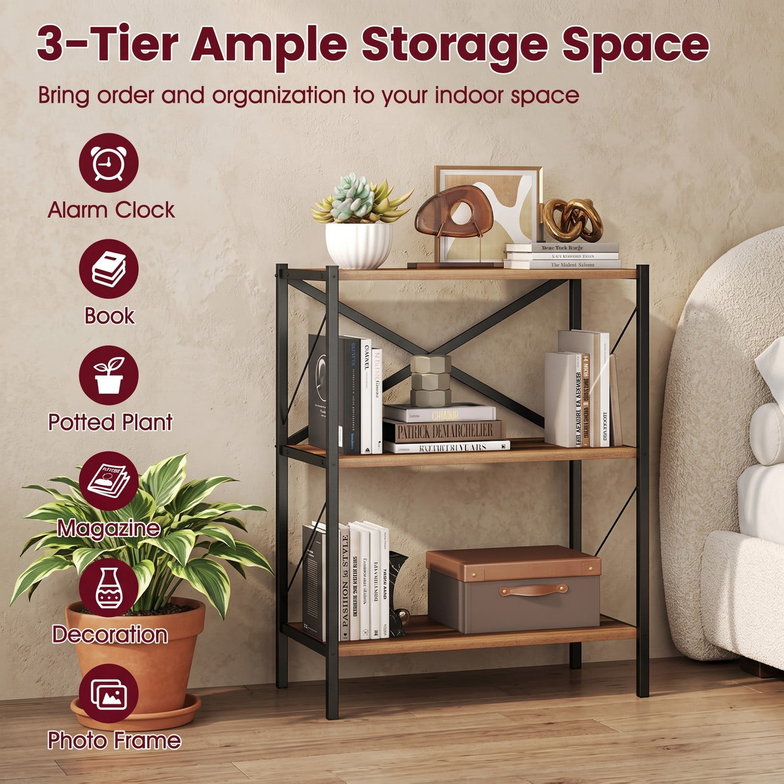 Furnibear 3-Tier Bookshelf with Heavy-Duty Metal Frame, Freestanding X-Braced Bookcase Storage Organizer Shelf with Anti-Tipping Device for Living Room, Home, Walnut
