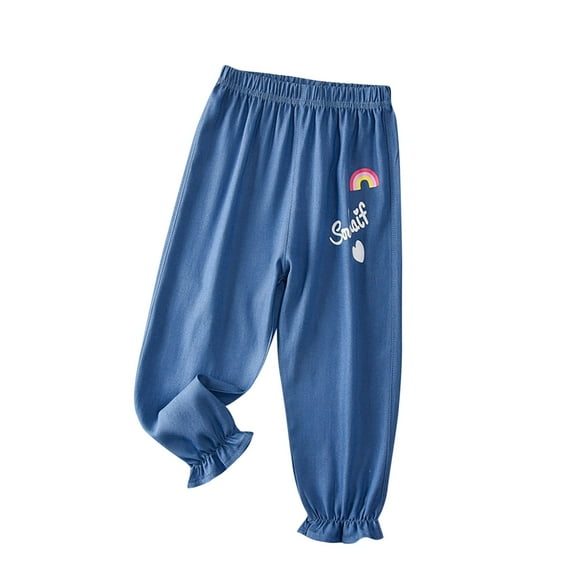 Odeerbi Kids Girls Soft Loose Denim Pants Cartoon Printed Jogger Jeans Spring Summer Children's Basic Casual Print Full Length Jean Pants Dark Blue