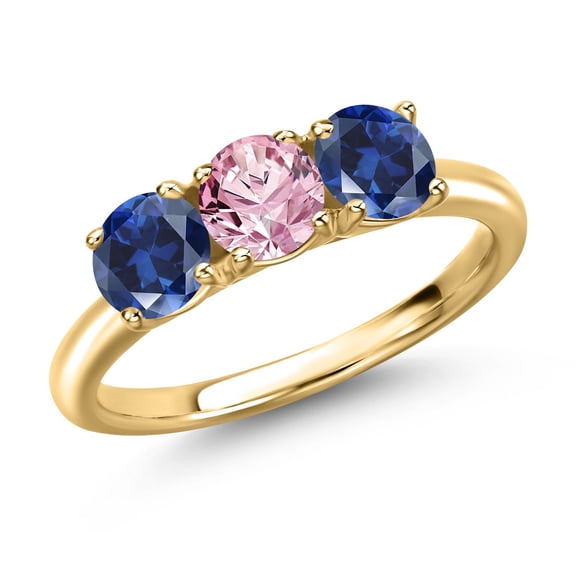 Gem Stone King 18K Yellow Gold Plated Silver Pink Lab Grown Diamond and Blue Created Sapphire Engagement Ring for Women | 1.70 Cttw | Round 5MM | Gemstone April Birthstone | Size 5