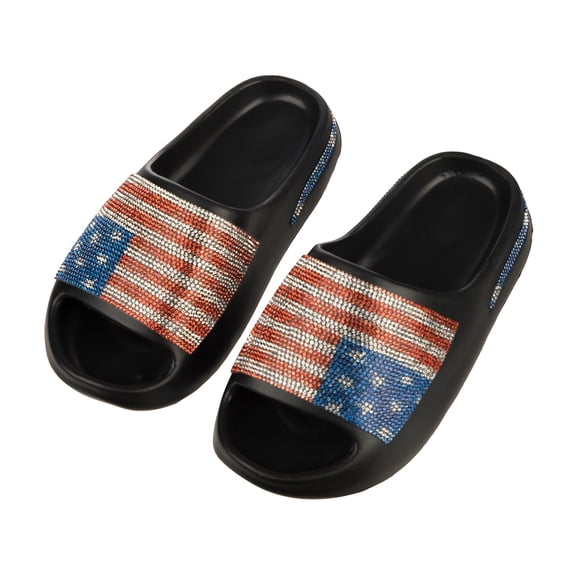 4th of July Rhinestone American Flag Women's Non-Slip Black Cloud Slides-6