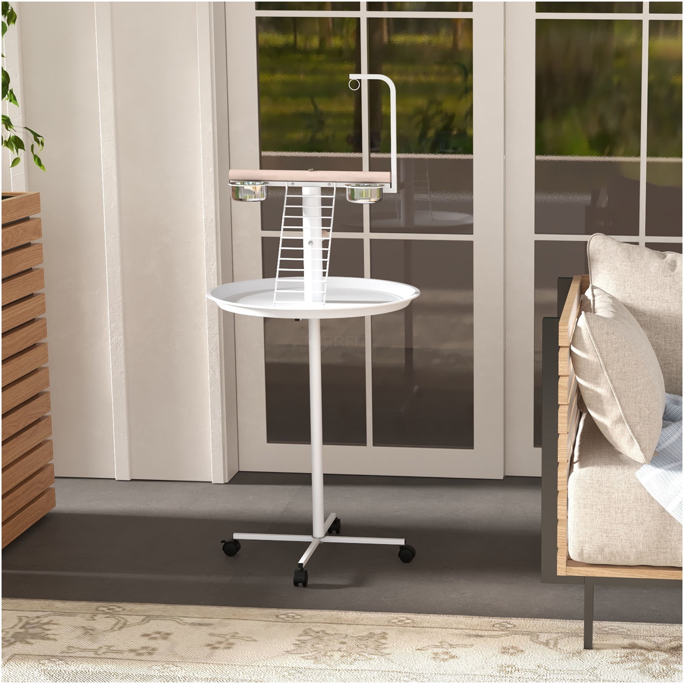 JERFIT White Bird Cage Stand on Wheels, Mobile Parrot Play Gym with Stainless Steel Bowls, Perches & Ladder for Small Parakeets Cockatiels Lovebirds Indoor Outdoor Use