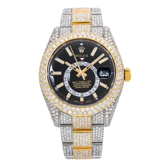 Pre-Owned Rolex Sky-Dweller 42MM 326933 Black Dial Diamond Bezel Two Tone Yellow Gold Full Diamond Oyster Bracelet