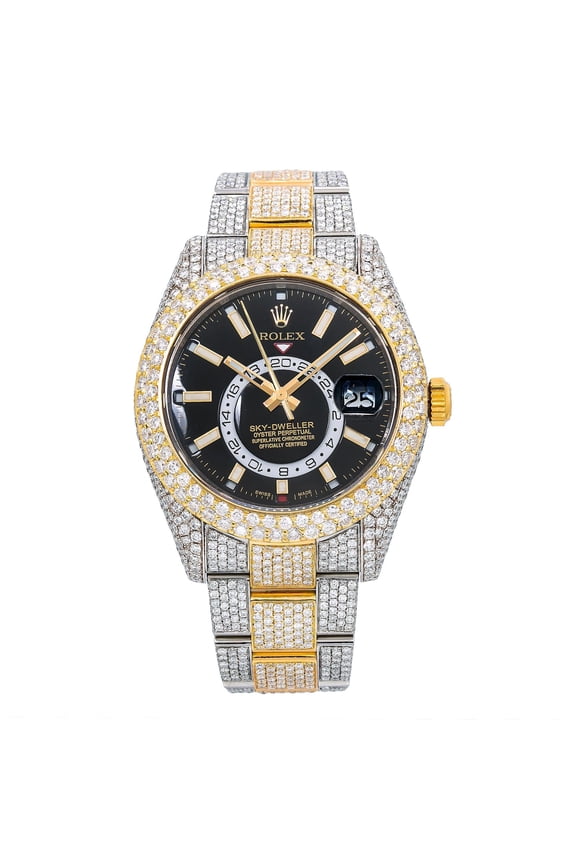 Pre-Owned Rolex Sky-Dweller 42MM 326933 Black Dial Diamond Bezel Two Tone Yellow Gold Full Diamond Oyster Bracelet