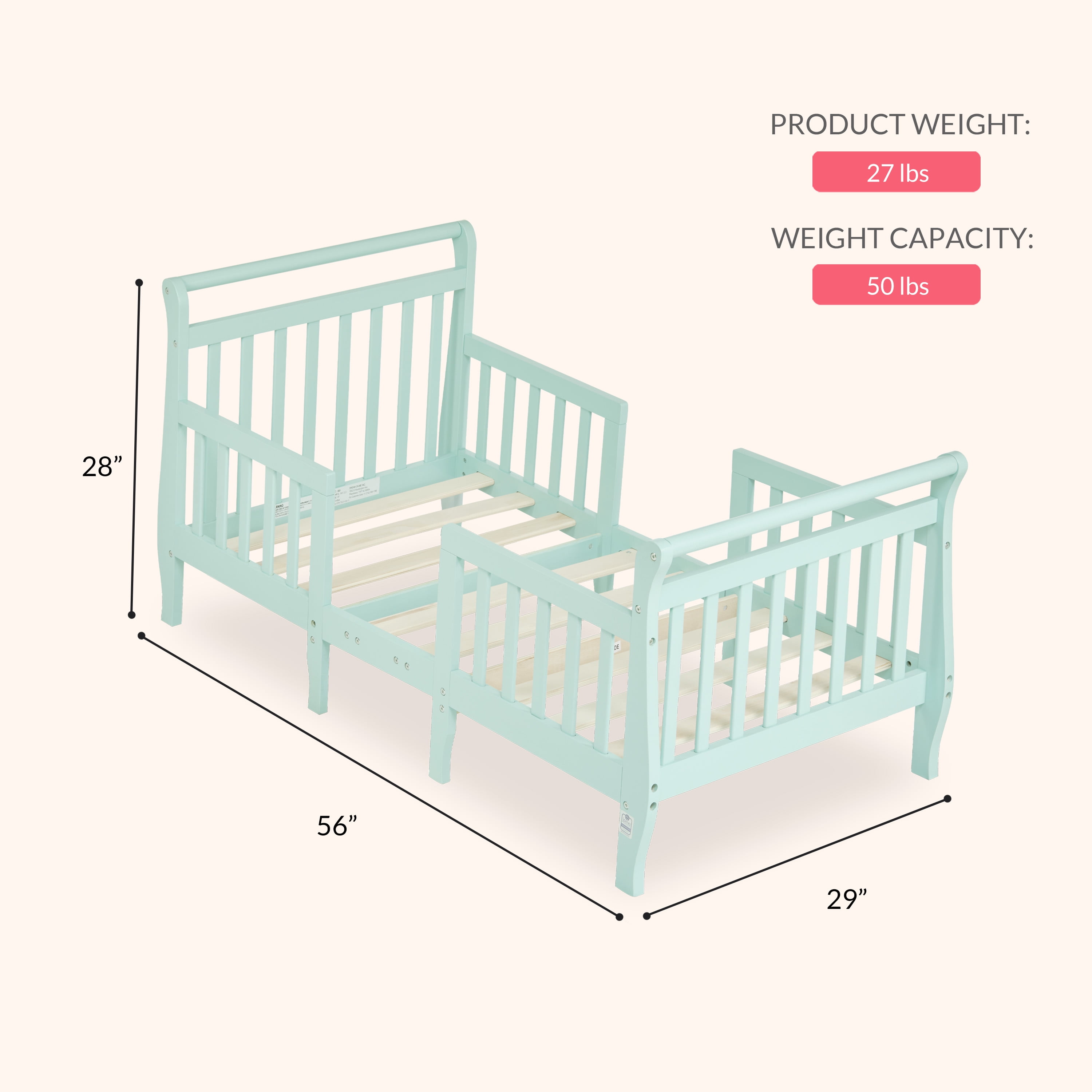 Dream On Me Emma 3-in-1 Convertible Toddler Bed, Mint, Model #649-MT