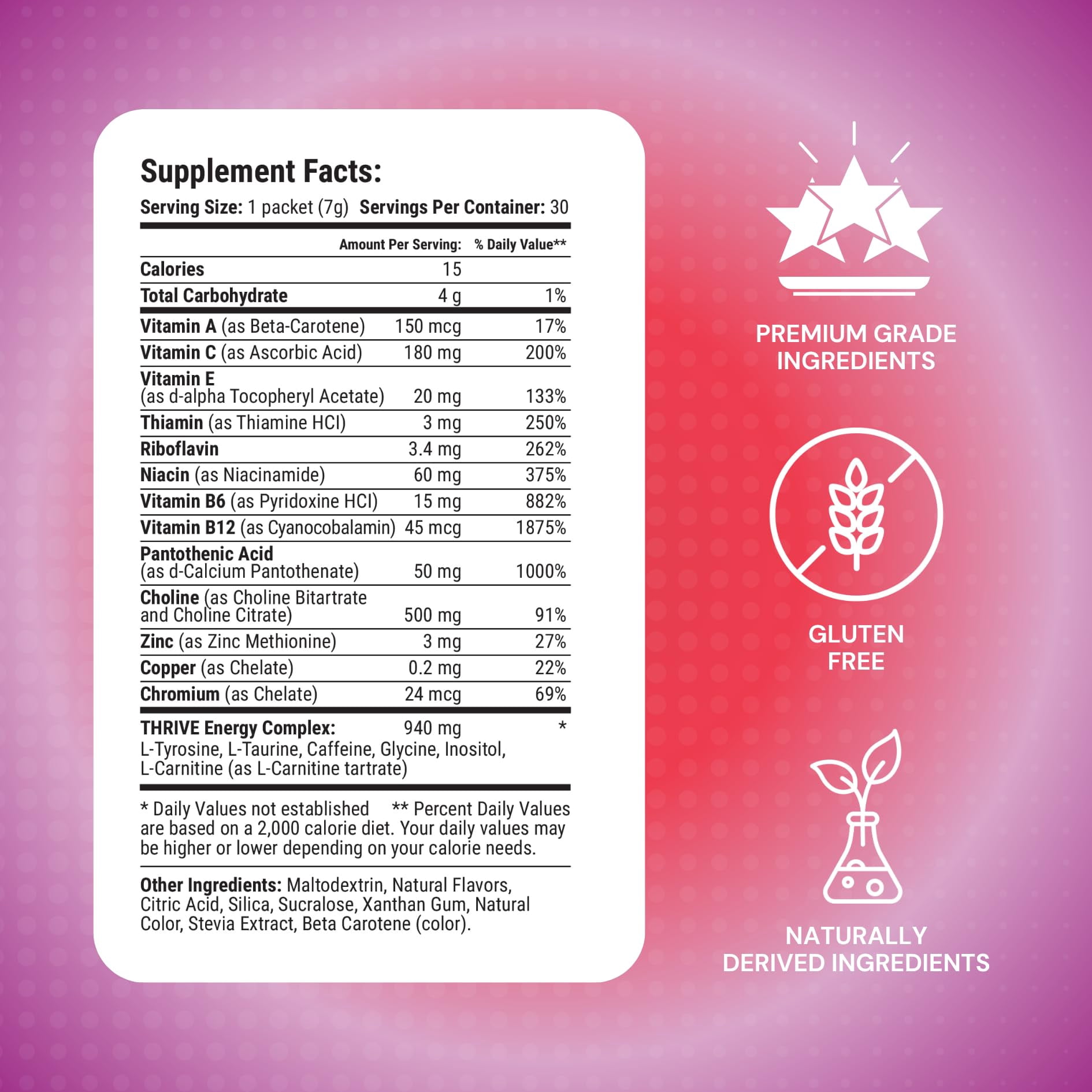 Thrive Activate Energy Drink Mix, Focus & Performance Powder with Vitamin B12, Vitamin C, E & Zinc, L Carnitine, L Taurine, and Caffeine, Gluten Free, Sugar Free, Apple Berry, 30 Drink Mix Packets