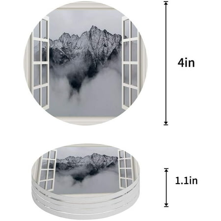 

ZHANZZK Snow Mountain Through White Wooden Window Picture Set of 4 Round Coaster for Drinks Absorbent Ceramic Stone Coasters Cup Mat with Cork Base for Home Kitchen Room Coffee Table Bar Decor