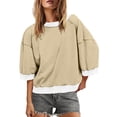 thumbnail image 2 of DDAPJ pyju Womens Drop Shoulder Sweatshirt 3/4 Length Sleeve Crewneck Tops Lightweight Pullover Sweatshirts Khaki L, 2 of 8
