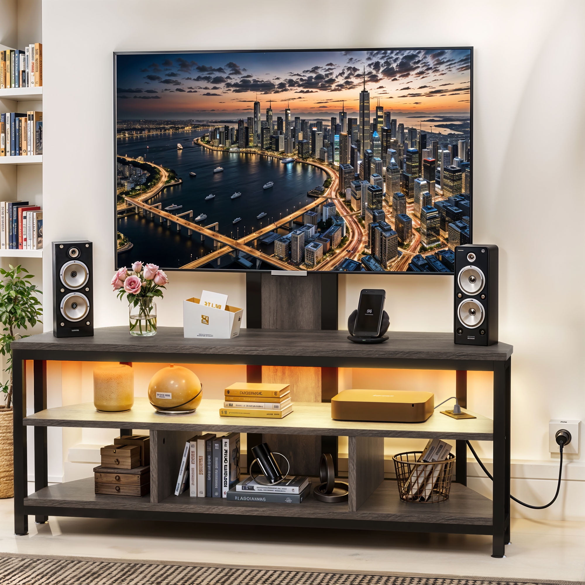 Uforic TV Stand Mount with Power Outlet, LED Entertainment Center for TVs up to 70 inches, Gray