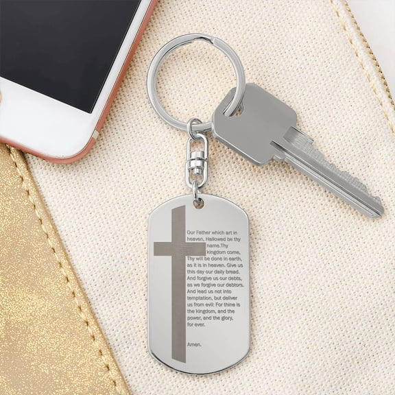 Lord's Prayer Engraved Dog Tag Bible Keychain Stainless Steel or 18k Gold