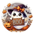 thumbnail image 2 of Clearance Sale | Round Wooden Halloween Door Sign with Trick or Treat Design, Retro Pumpkin Welcome Logo for Porch and Garden, 2 of 9