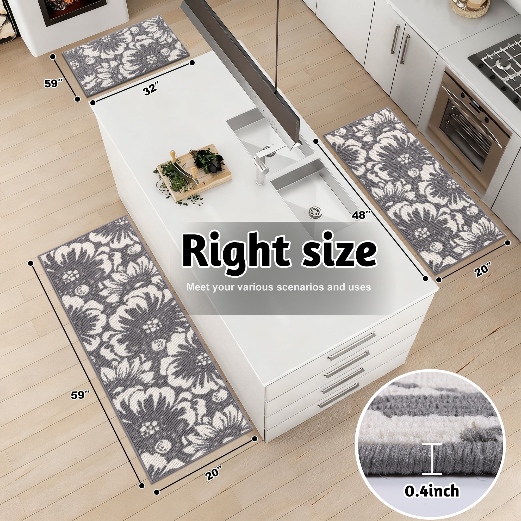 MeyJey Kitchen Rug Set 3 Piece, Non Slip Machine Washable Mats for Home Floor and Living Room, Gray