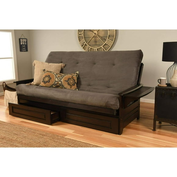 Kodiak Furniture Cadre Phoenix Grand Lit-Finition Espresso-Matelas en Suède Gris-Tiroirs de Rangement