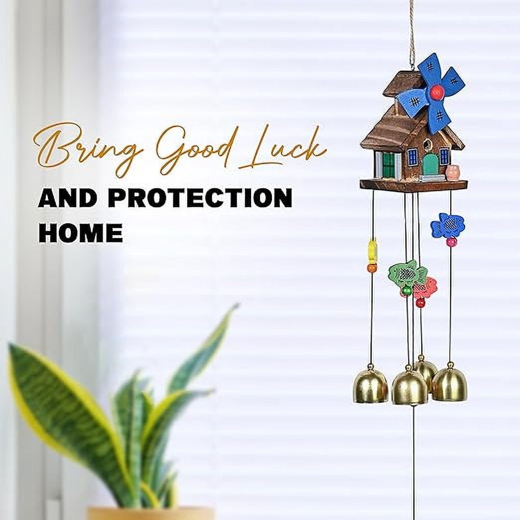 Wooden House Wind Chimes for Home Décor | 5 Brass Bells Wind Chimes for Positive Energy | Outdoor Window Balcony Garden Decoration Hanging Decorative Items