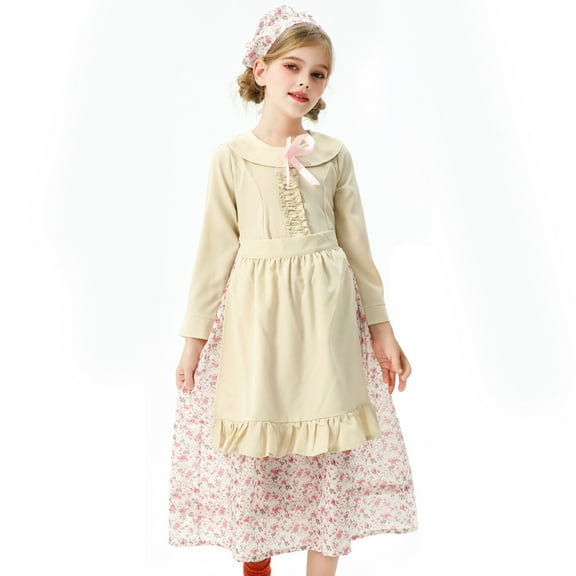 Odeerbi Kids Girls Rural Style Farm Maid Dresses Floral Stage Performance Outfits Children's Long Sleeve Role Playing Dress Kids Girls Clothes