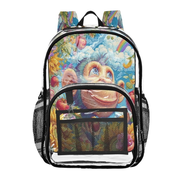 Clear PVC Backpack 12L Transparent Shoulder Bag with Mesh Pockets Blue Monkey in The Garden