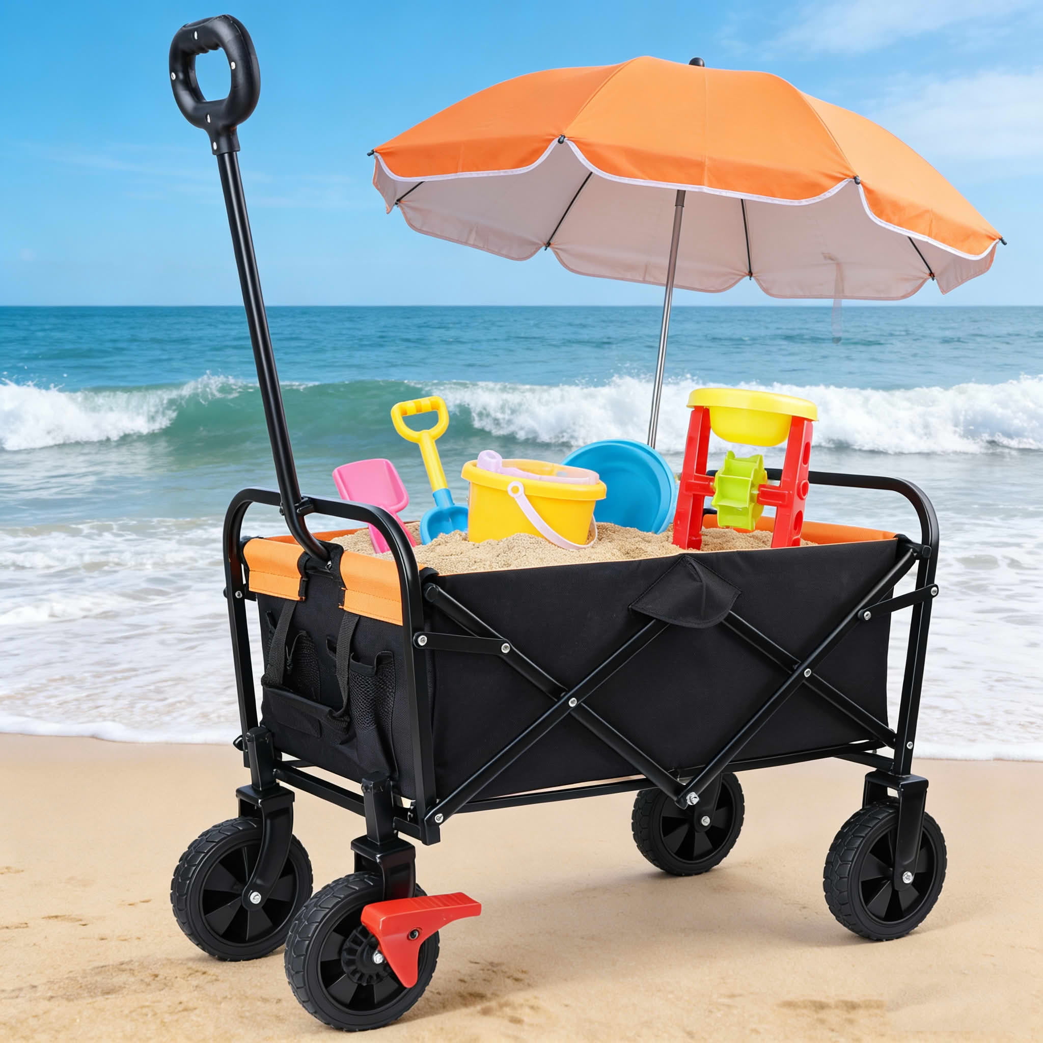 MAYEERTY Mini Folding Wagon Cart, 150LBS Brake, 600D Oxford Steel Frame, Black-Orange for Garden Beach Shopping