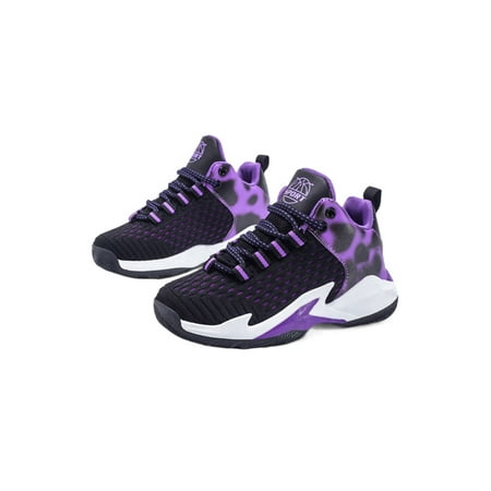 

Rockomi Boys Girls Athletic Shoe Lace Up Sneakers Sport Basketball Shoes Kids Non-slip Slip Resistant Sneaker Fashion Breathable Trainers Black Purple 3Y