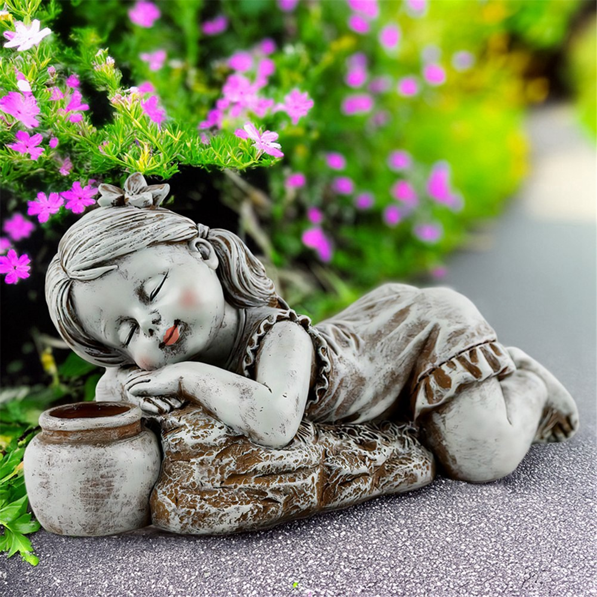 Kid with Solar Lights Garden Decoration Outdoor Statue Resin Jar Boy Flowerbed Yard Sculpture Decor