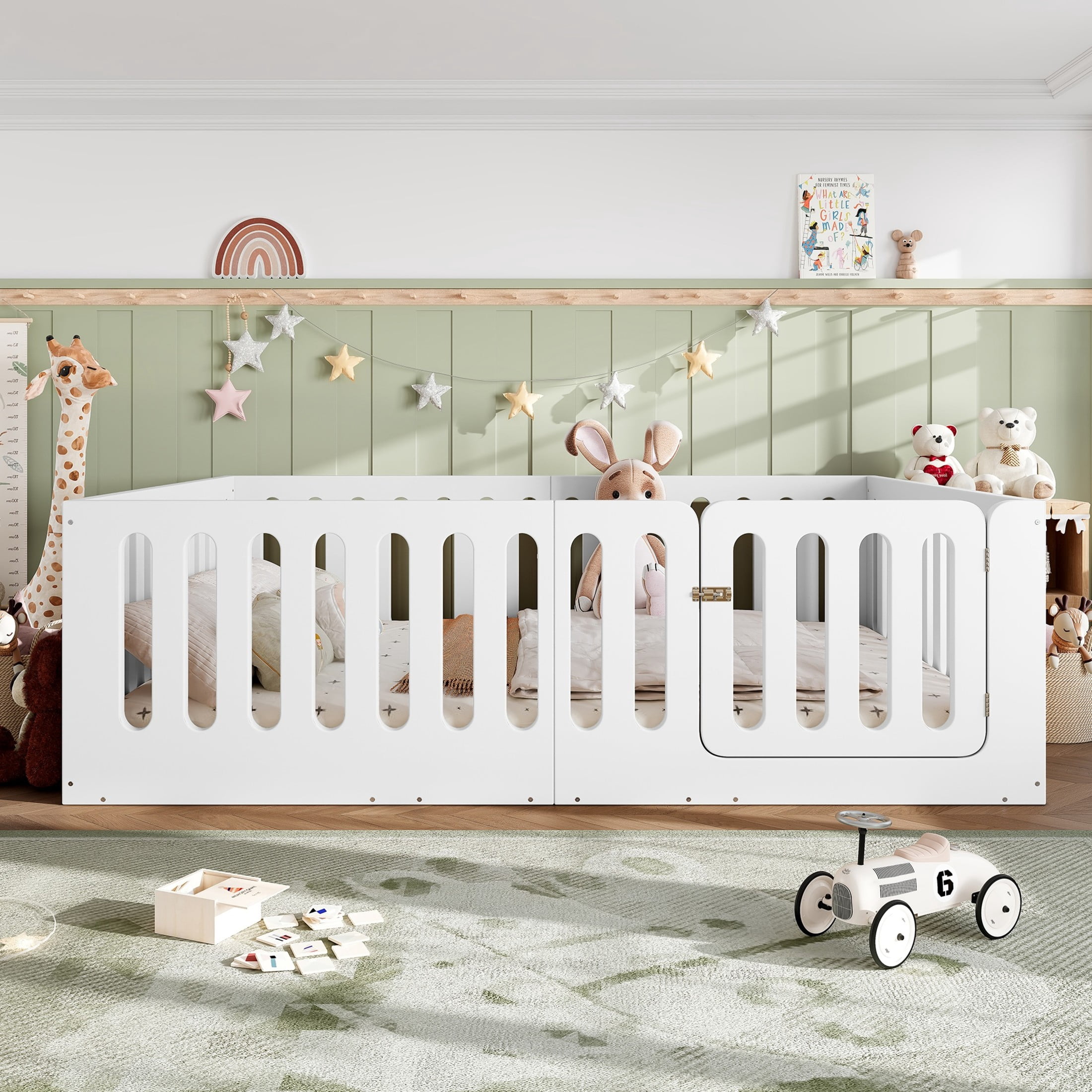 GDF Studio Queen Size Montessori Floor Bed with High Guardrails & Door, Low-Profile Design, White
