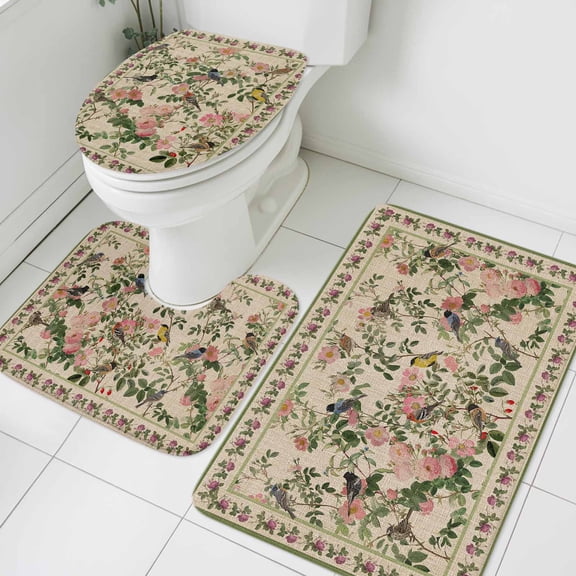 Spring Bathroom Rugs Set Oriental Traditional Ethnic Floral Birds Retro Linen Non Slip Absorbent Soft Bath Mats 3 Piece Set with Bathroom Rug, U-Shaped Floor Mat, Toilet Seat Cover Large Size
