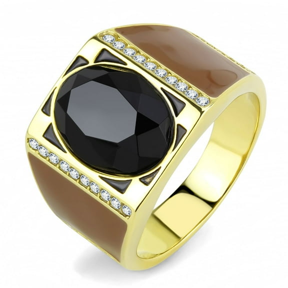 Luxe Jewelry Designs Men's Gold Ion Plated Stainless Steel Ring with Black Jet Onyx Synthetic Stone