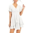 thumbnail image 3 of Aiyino Women's Dress Deep V-Neck Short Sleeve Waist Tie Ruffle Mini Swing Skater Dresses,White, 3 of 9