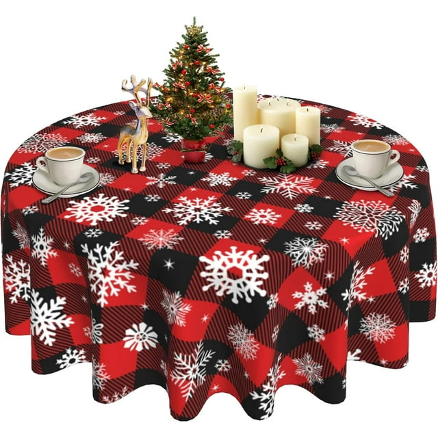 Nappe Ronde de Noël 60 Pouces Motif à Carreaux Buffalo Flocon de Neige Anti-Rides Imperméable Lavable Parfaite pour Décoration Festive de Cuisine et Maison Cadeau de Vacances Idéal