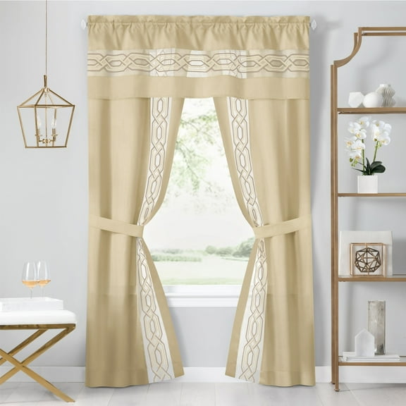 HomeStock Victorian Vintage 5-Piece Window Curtain Set, 55x84 Tan - Includes Valance & Tiebacks, Geometric Lattice Detail, Machine Washable